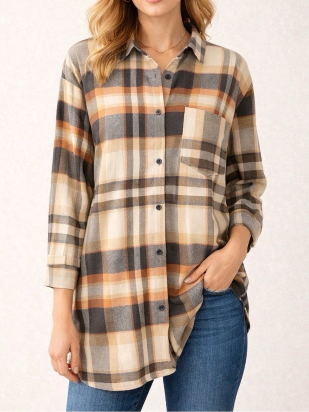 Vine & Love Plaid Button Down Tunic Shirt Brown Orange M NWT